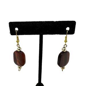 Faux Tiger Eye Drop Earrings Gold Tone‎ Wire Pierced 2 inches